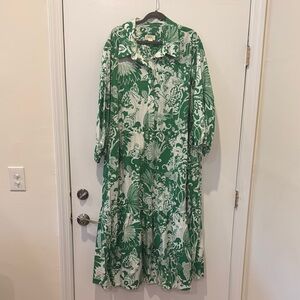 Anthropologie Green and White Buttoned Sundress with Notched Collar